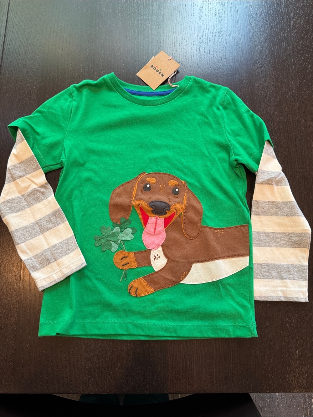 Boden Green Long-Sleeve Tee with Dachshund Appliqué